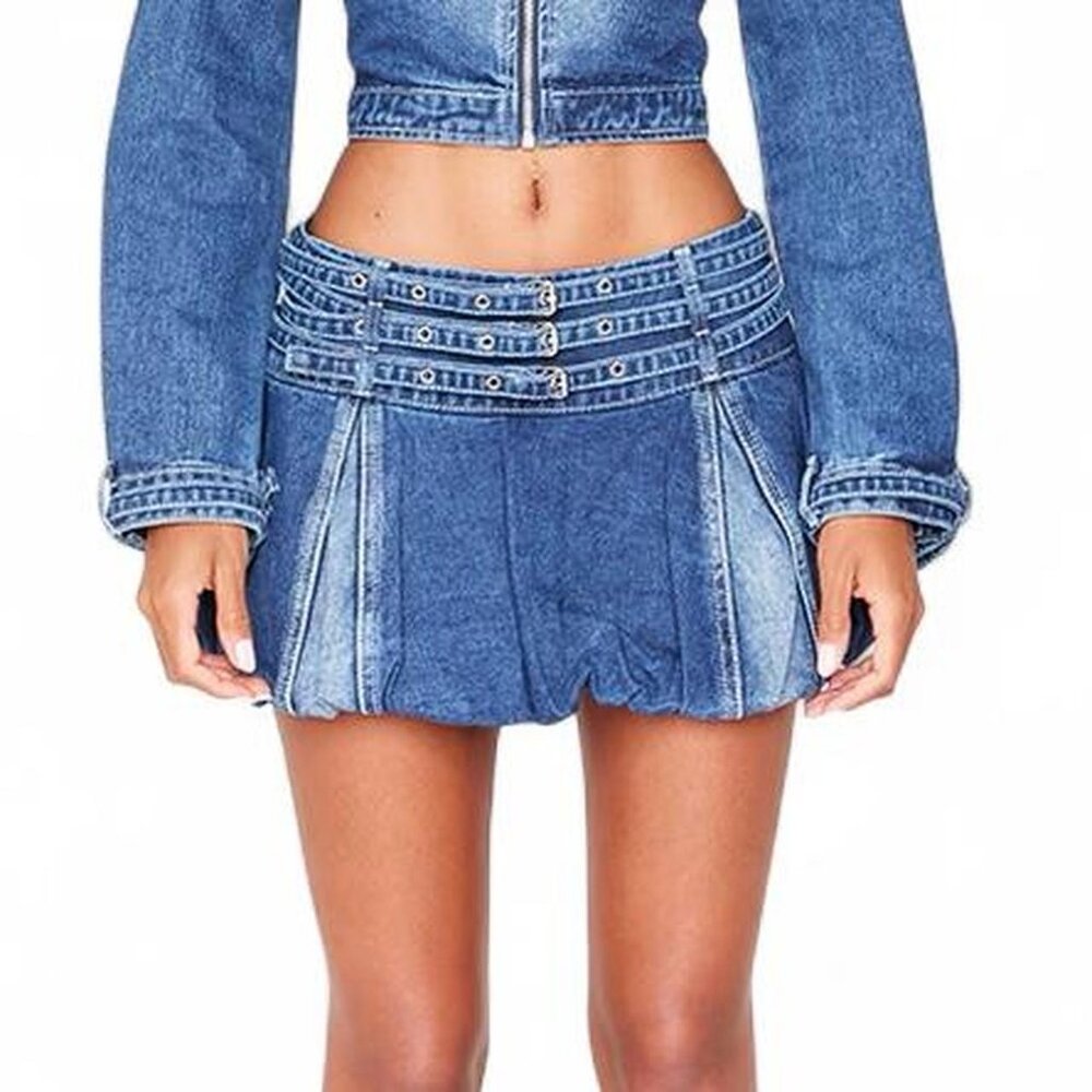 Indigo Buckle Detail Denim Puffball Mini Skirt - Picture 2 of 5